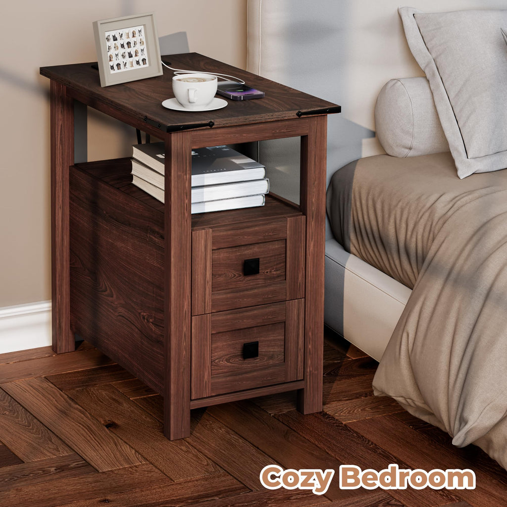 Cherry Wood End Table with Charging Station and 2 Storage Drawers D385