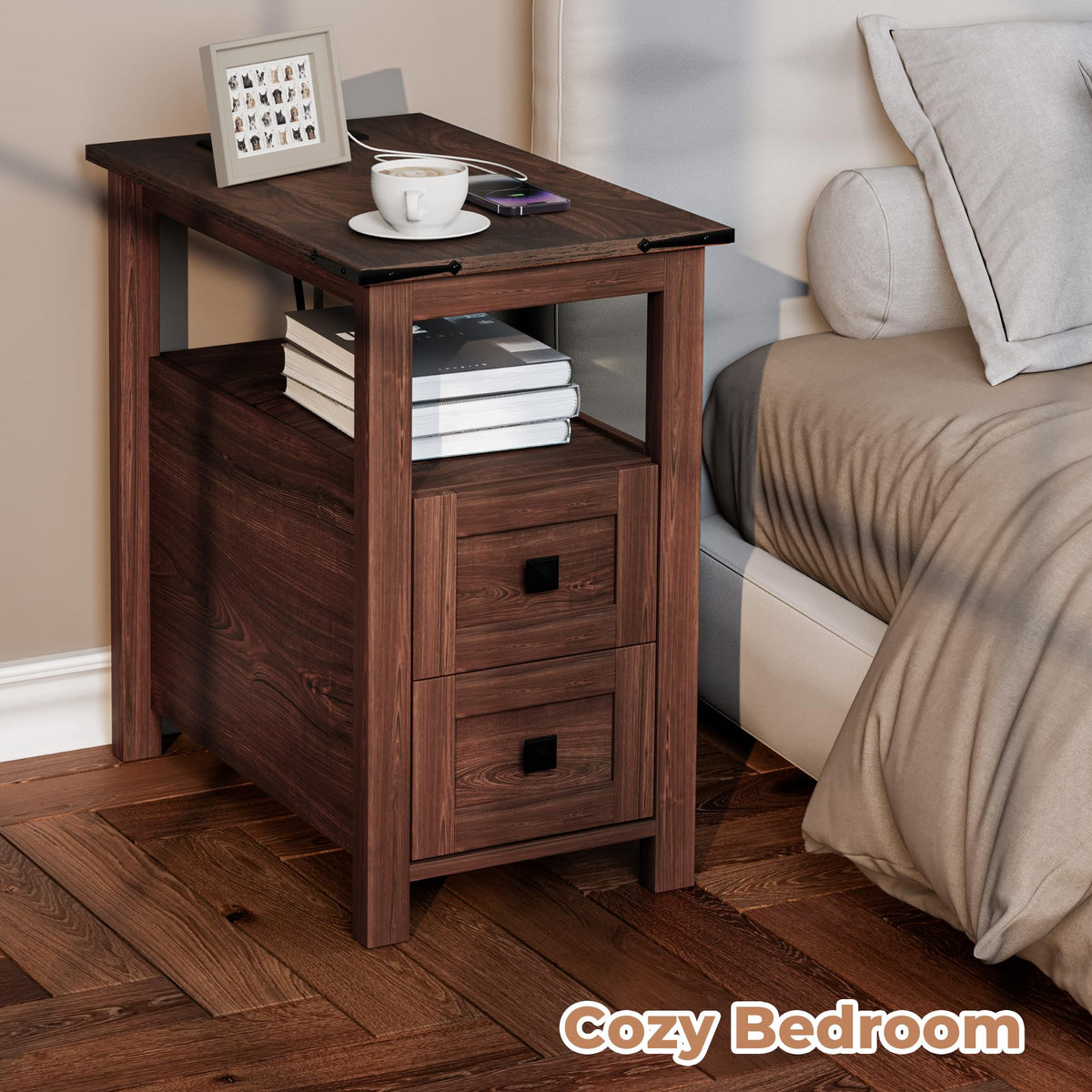 Cherry Wood End Table with Charging Station and 2 Storage Drawers D385