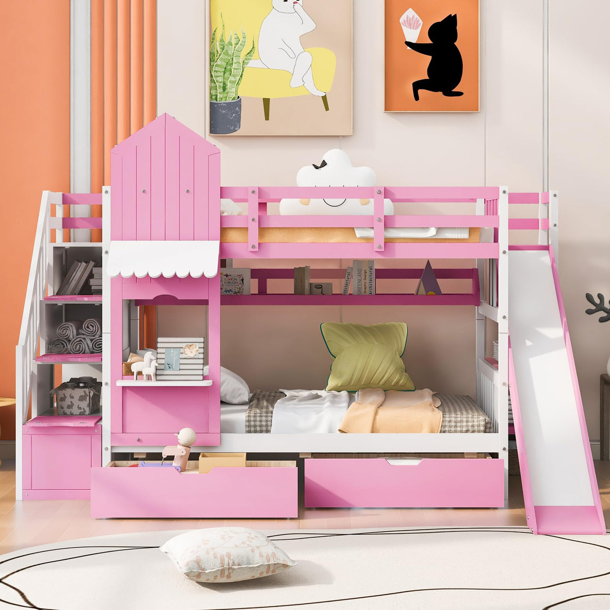 Twin Over Twin Bunk Bed with Slide, 2 Drawers & 3 Shelves I23749