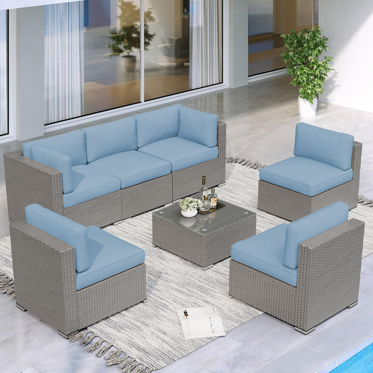 7 Piece Grey Wicker Rattan Patio Furniture Set with Glass Coffee Table P25209
