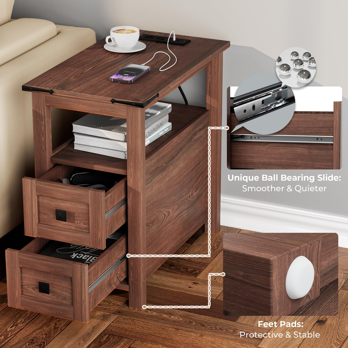 Cherry Wood End Table with Charging Station and 2 Storage Drawers D385