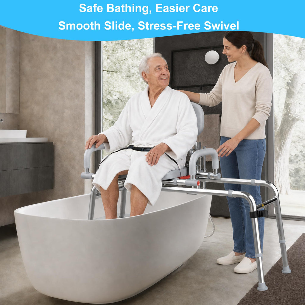 Sliding Shower Chair Tub Transfer Bench with Swivel Seat, 450lbs, Adjustable Height, Gray Q571889