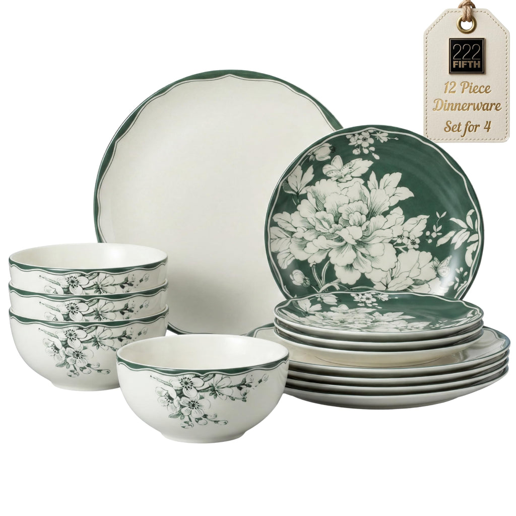 12-Piece Porcelain Dinnerware Set for 4, White & Sage Green Plates and Bowls Set S302