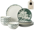 12-Piece Porcelain Dinnerware Set for 4, White & Sage Green Plates and Bowls Set S302