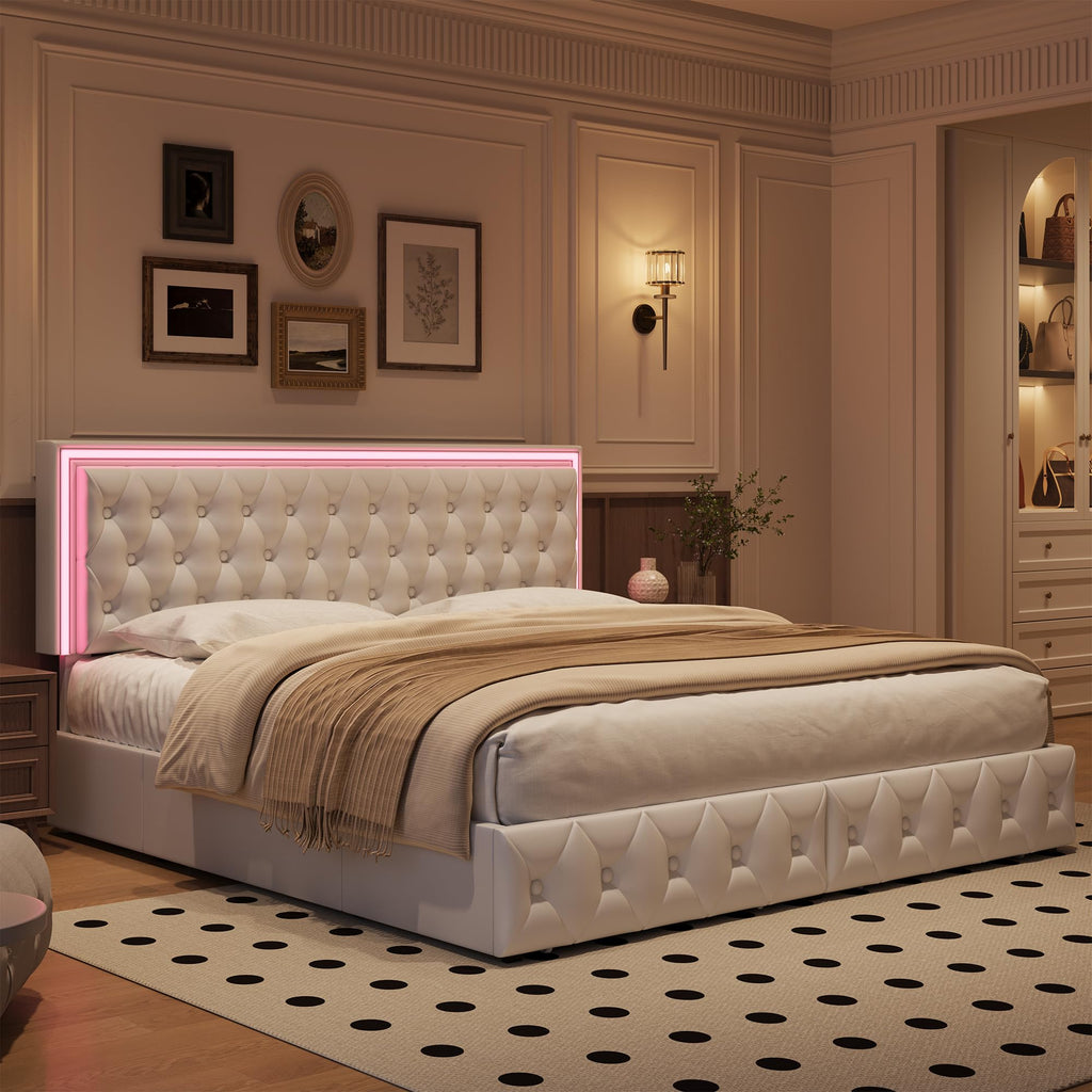 White Full Size LED Bed Frame with 4 Storage Drawers and Adjustable Headboard J206142