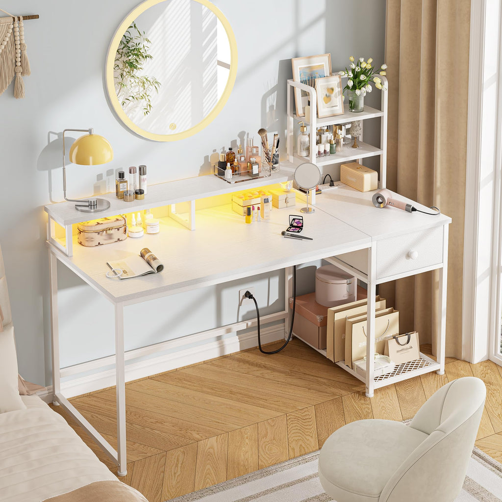 44" White Gaming Desk with Hutch & Shelves S135