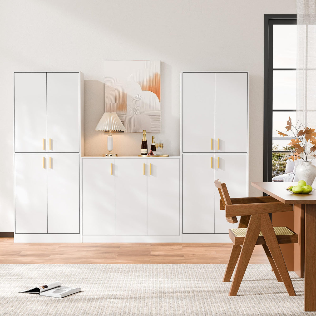 White Wood Storage Cabinet with Doors and Shelves T330