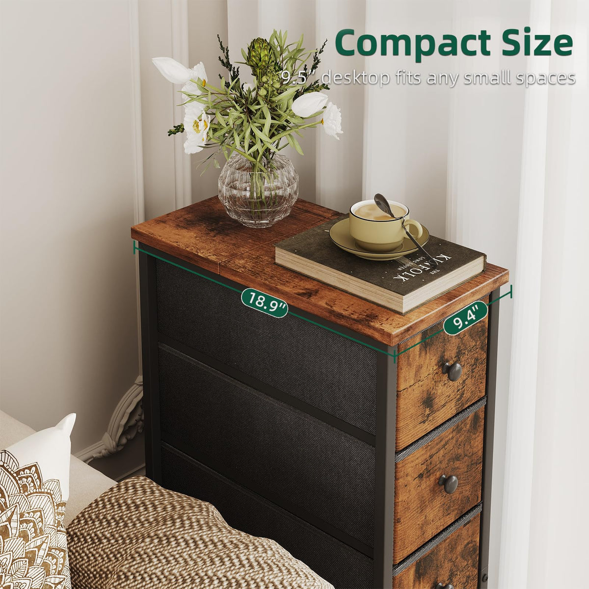 Narrow 5 Fabric Drawers Rustic Brown Dresser Y9063