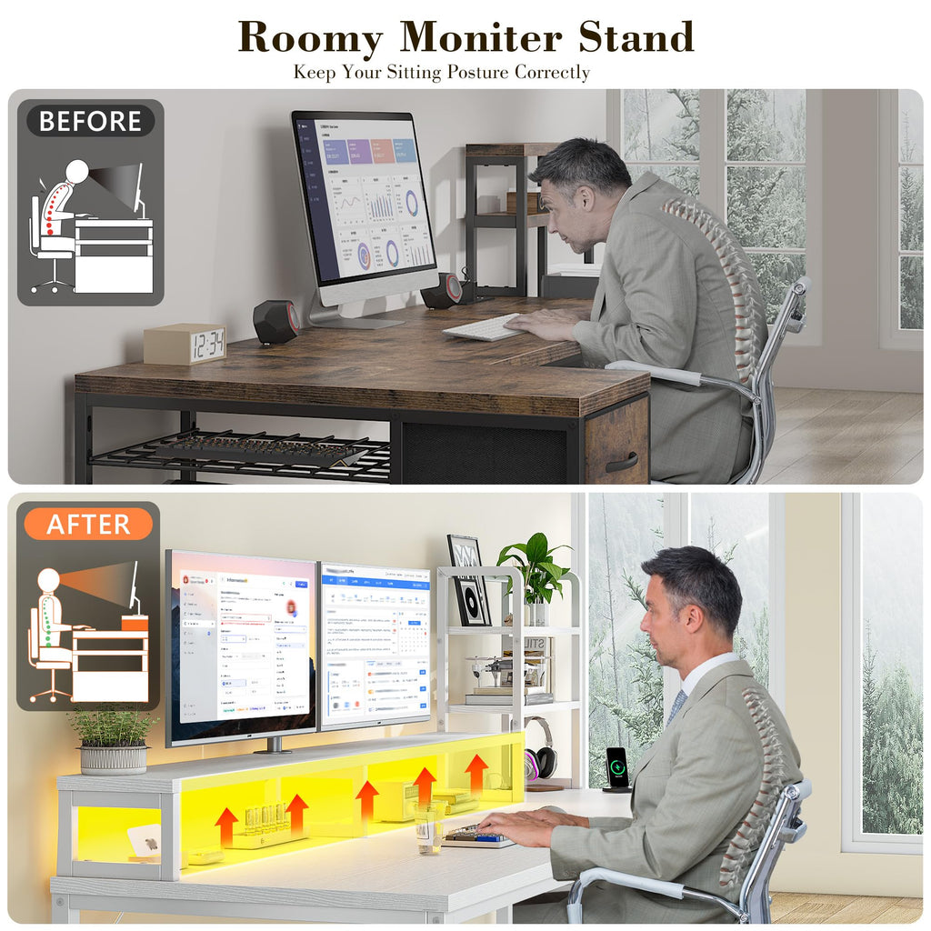 44" White Gaming Desk with Hutch & Shelves S135