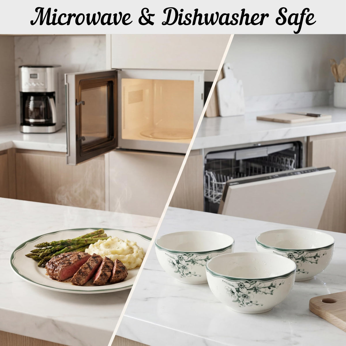 12-Piece Porcelain Dinnerware Set for 4, White & Sage Green Plates and Bowls Set S302