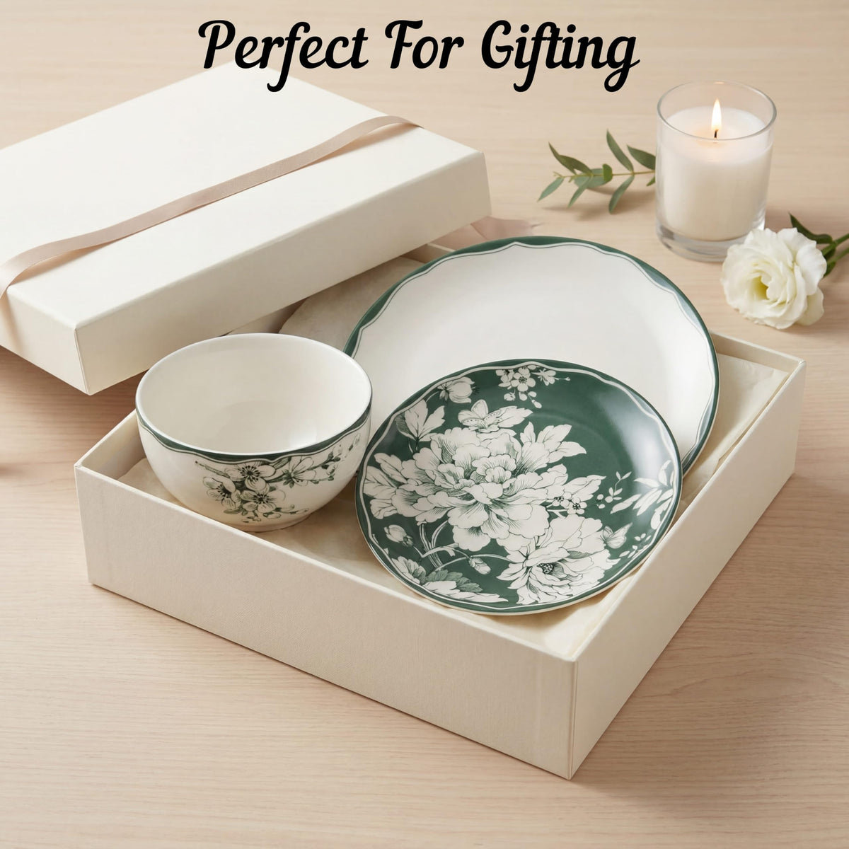 12-Piece Porcelain Dinnerware Set for 4, White & Sage Green Plates and Bowls Set S302