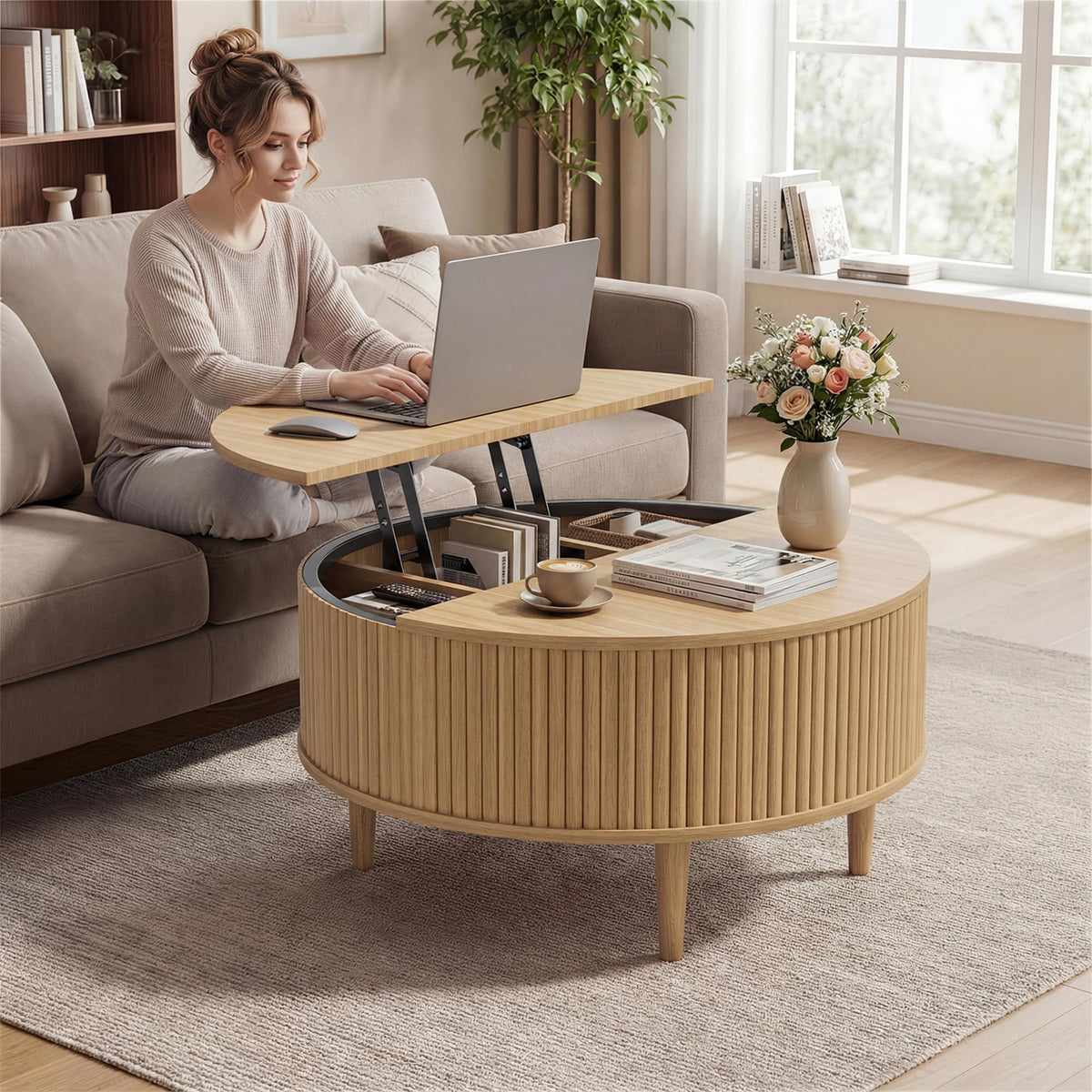 31.5" Round Lifting Top Coffee Table with Storage X1291