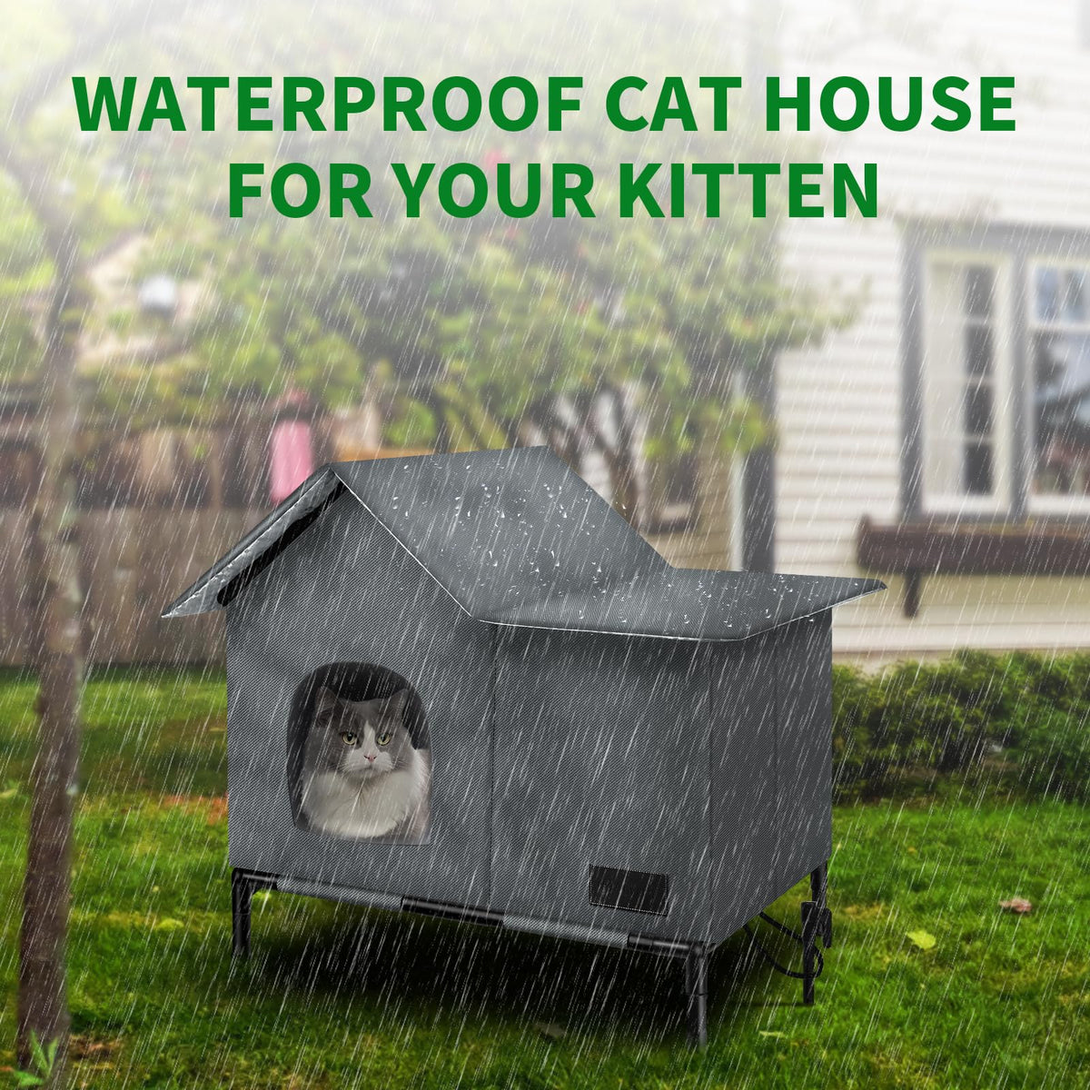 Heated Weatherproof Cat House with Heating Pad F58419