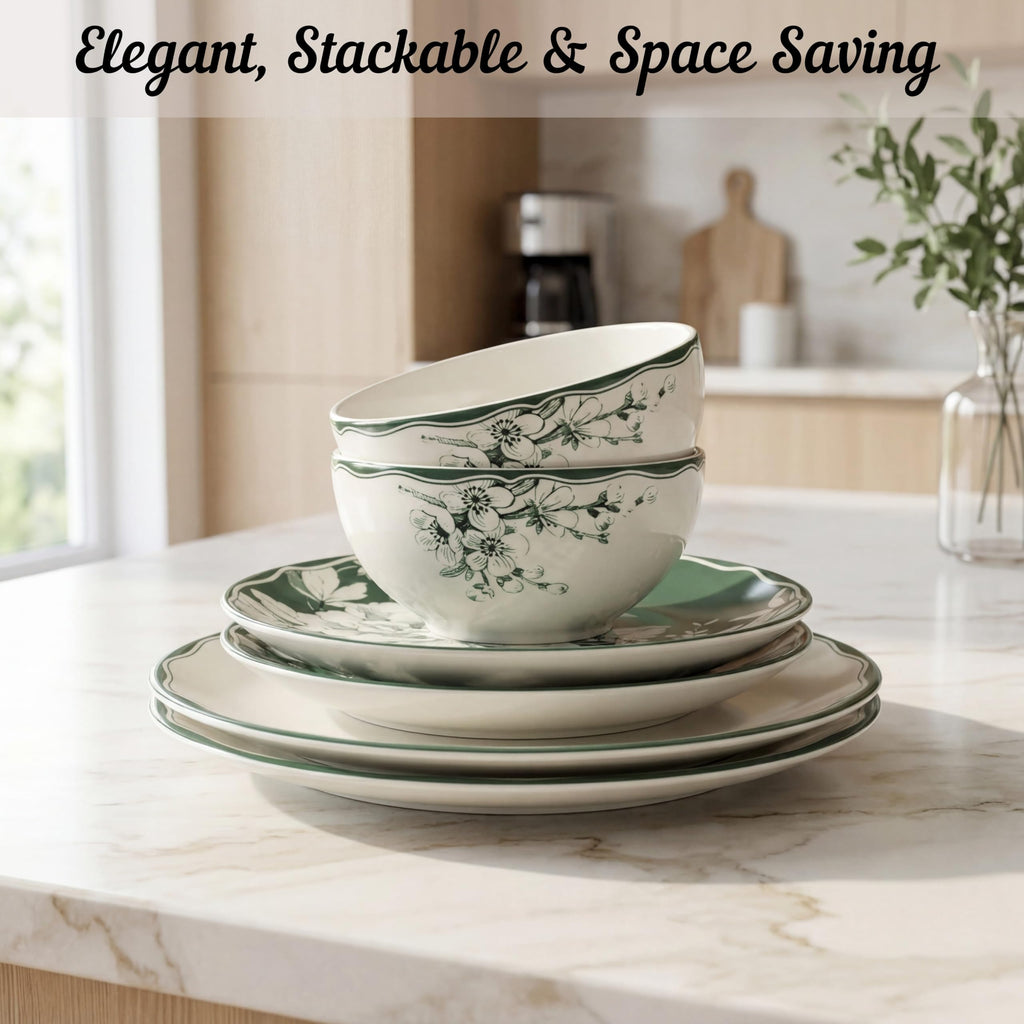 12-Piece Porcelain Dinnerware Set for 4, White & Sage Green Plates and Bowls Set S302