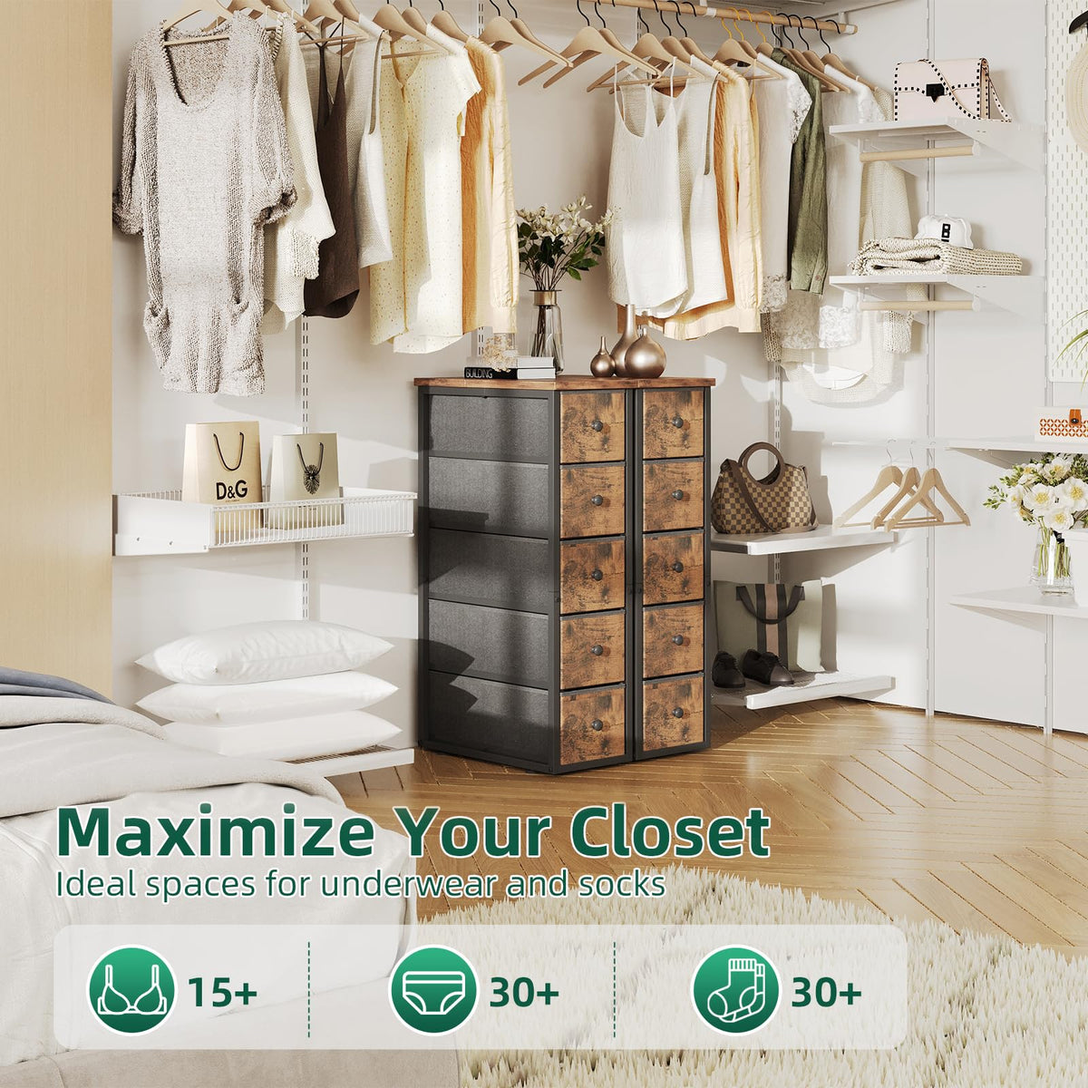 Narrow 5 Fabric Drawers Rustic Brown Dresser Y9063
