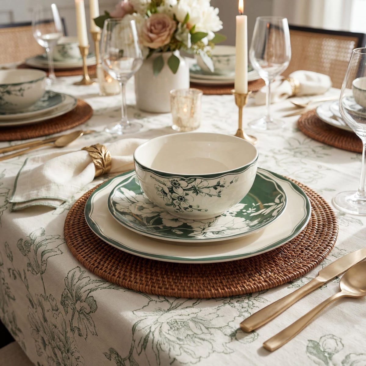 12-Piece Porcelain Dinnerware Set for 4, White & Sage Green Plates and Bowls Set S302