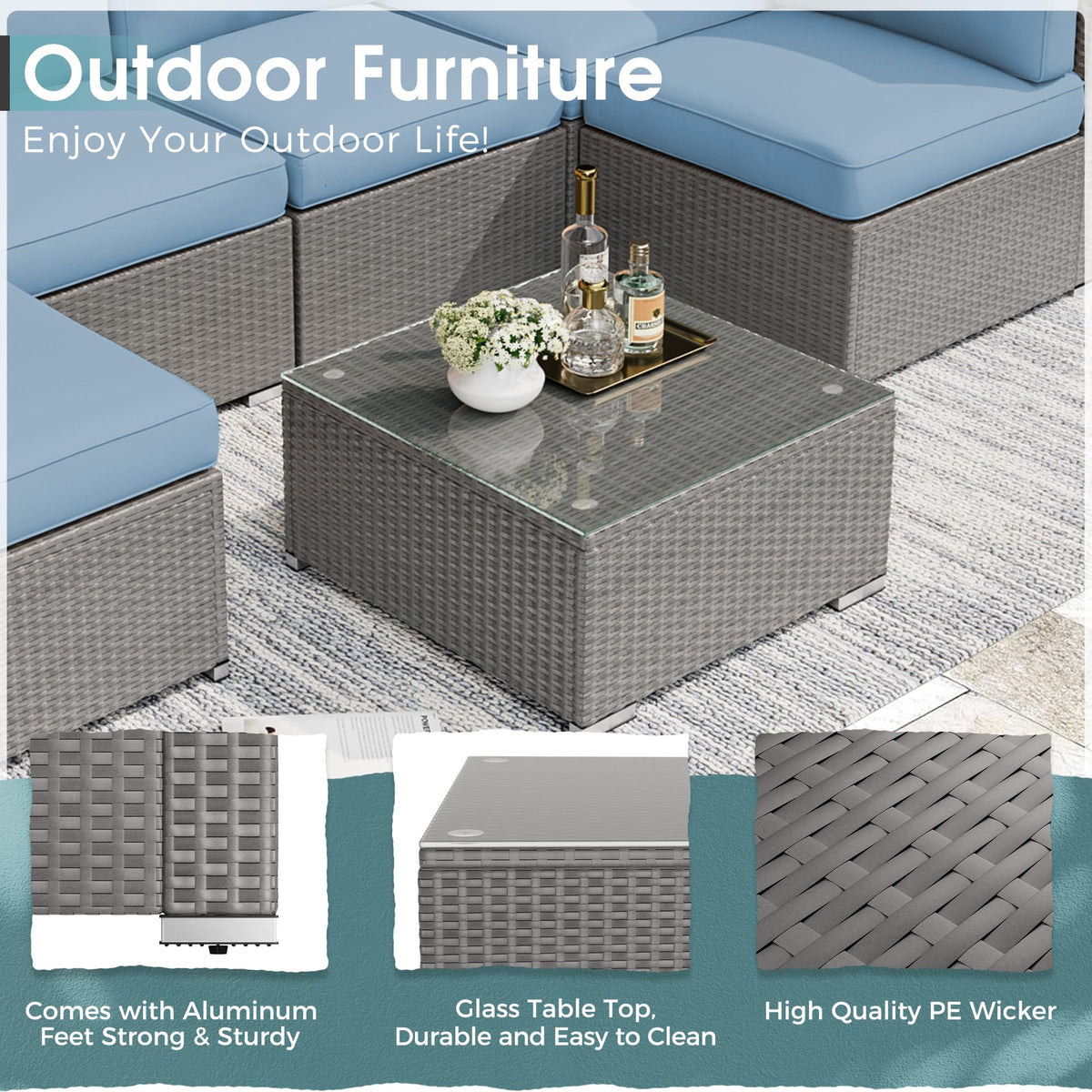 7 Piece Grey Wicker Rattan Patio Furniture Set with Glass Coffee Table P25209