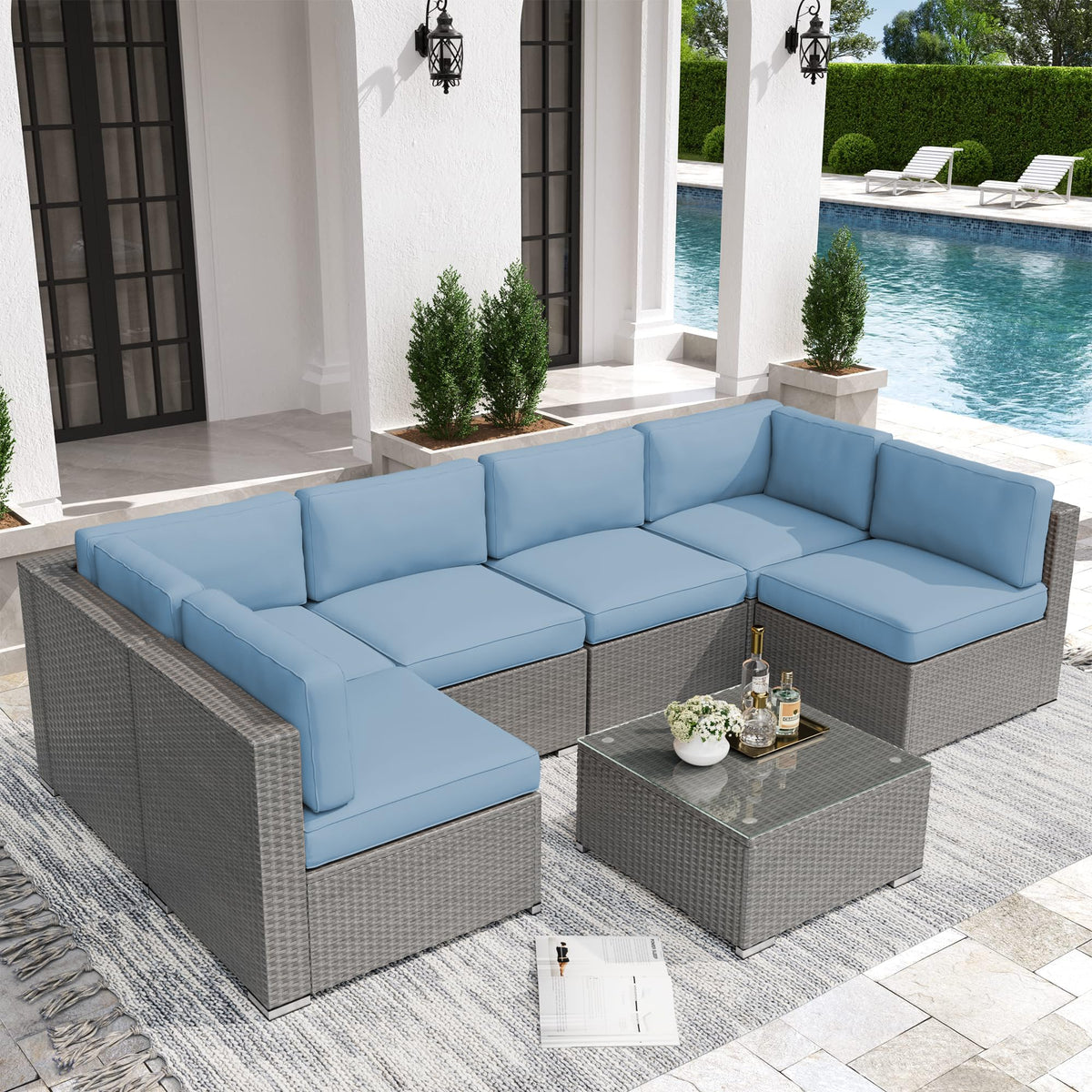 7 Piece Grey Wicker Rattan Patio Furniture Set with Glass Coffee Table P25209