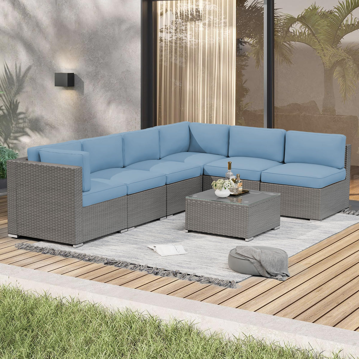7 Piece Grey Wicker Rattan Patio Furniture Set with Glass Coffee Table P25209