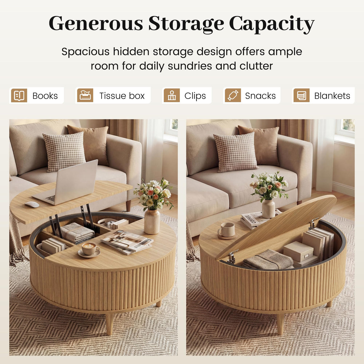31.5" Round Lifting Top Coffee Table with Storage X1291