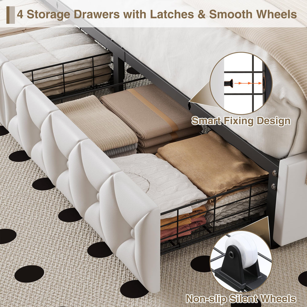 White Full Size LED Bed Frame with 4 Storage Drawers and Adjustable Headboard J206142