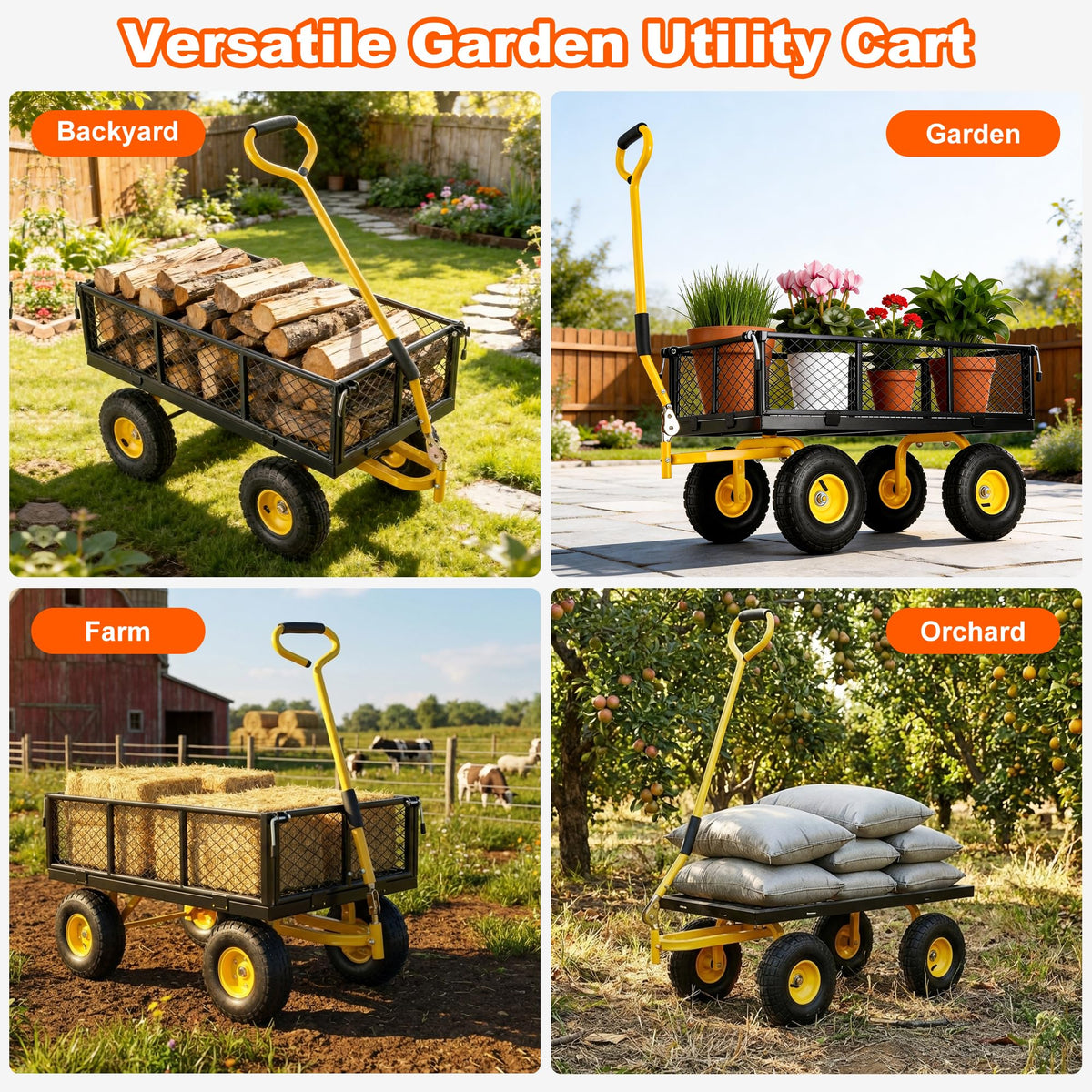 Heavy Duty Steel Garden Cart with Handle & 10" All Terrain Tires Y208